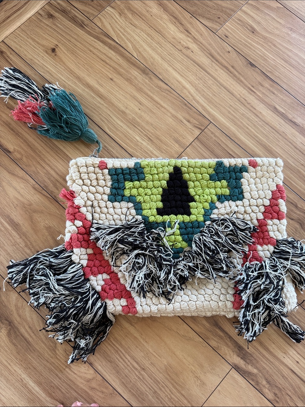 Cleobella Cream, Green & Coral Handwoven Tassel Clutch